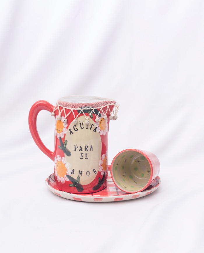 Set Mesita de Noche: Jarra, vaso, mallita y plato Rojo