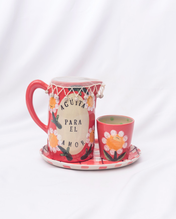 Set Mesita de Noche: Jarra, vaso, mallita y plato Rojo