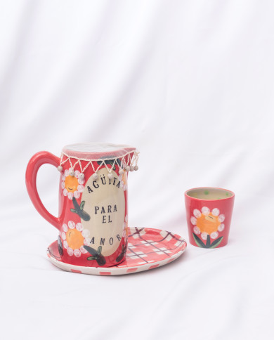 Set Mesita de Noche: Jarra, vaso, mallita y plato Rojo