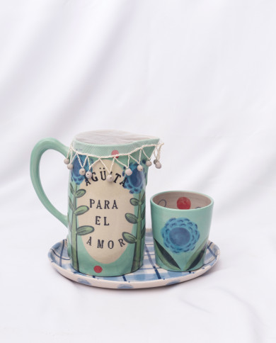 Set Mesita de Noche: Jarra, vaso, mallita y plato Verde Agua Set Mesita de Noche: Jarra, vaso, mallita y plato Verde Agua