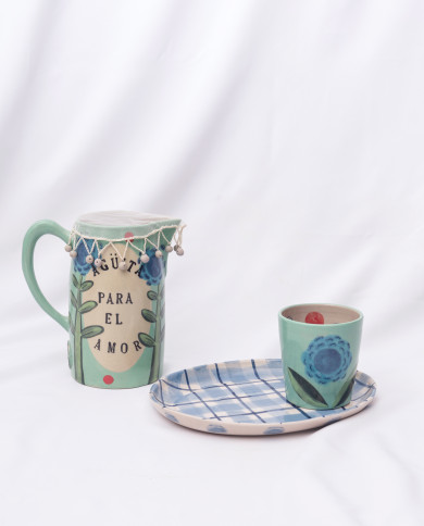 Set Mesita de Noche: Jarra, vaso, mallita y plato Verde Agua